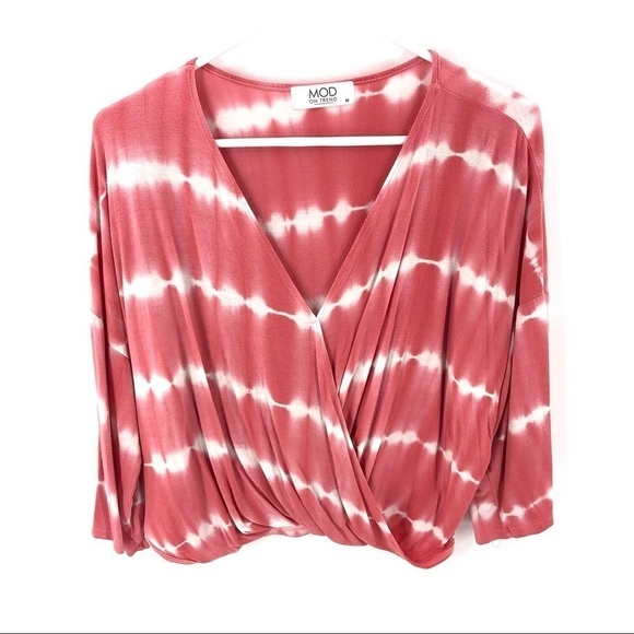 Tie Dye Wrap Top Semi Crop Shirt Mod On Trend Lightweight Comfy Pink Medium - Picture 2 of 9